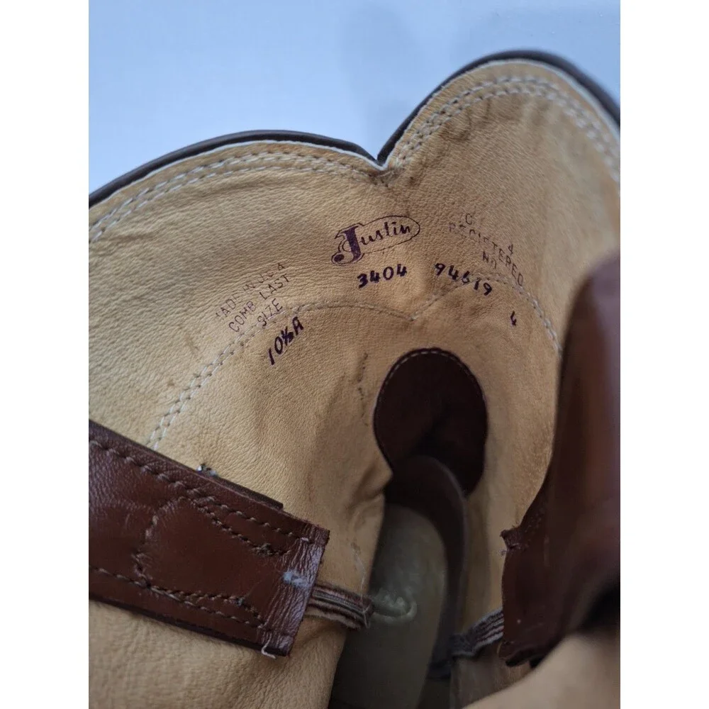 Vintage Justin Boots Men's 10.5 A Brown Leather Roper Western Cowboy Made In USA